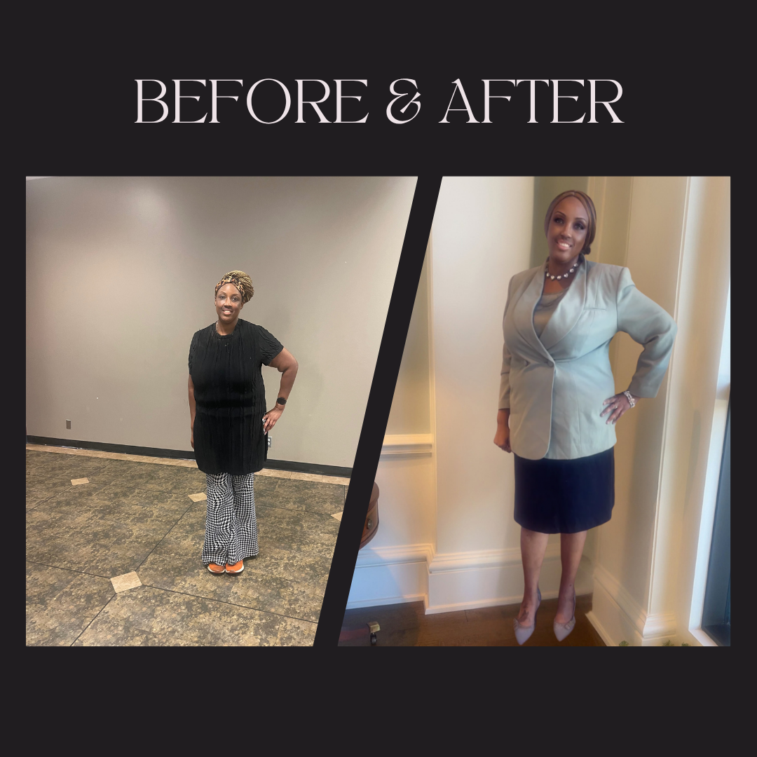 Before and after collage from the Glamour Glory Styling Experience: the same woman transformed from a black top and houndstooth pants into a light blue blazer and black skirt