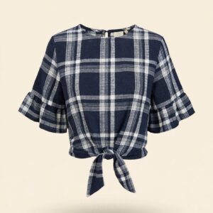 Good Luck Gem Plaid Tie Front Top